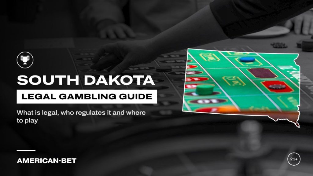 South Dakota gambling laws and legal betting guide: a croupier taking bets at a roulette table, framed by an outline map of South Dakota