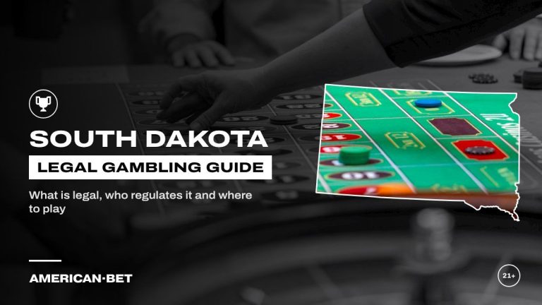 South Dakota gambling laws and legal betting guide: a croupier taking bets at a roulette table, framed by an outline map of South Dakota