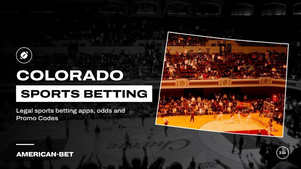 Colorado sports betting sites: a basketball game in a packed arena with a cheering crowd, framed by an outline map of Colorado