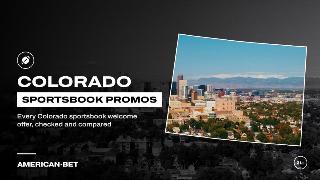 Colorado sportsbook promos: downtown Denver skyline with the Rocky Mountains behind, framed by an outline map of Colorado