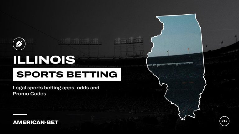 Illinois sports betting sites: a packed Wrigley Field in Chicago, framed by an outline map of Illinois