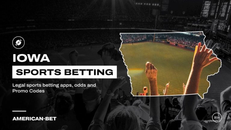 Iowa sports betting sites: fans celebrating in a baseball stadium, framed by an outline map of Iowa
