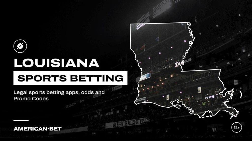 Louisiana sports betting sites: stadium lights over the stands at night, framed by an outline map of Louisiana