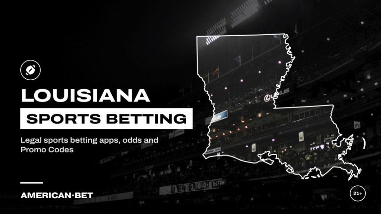 Louisiana sports betting sites: stadium lights over the stands at night, framed by an outline map of Louisiana