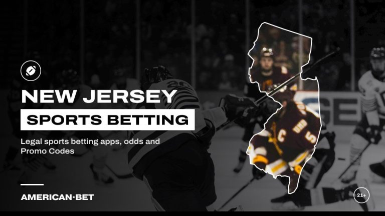 New Jersey sports betting sites: hockey players battling in front of a crowd, framed by an outline map of New Jersey