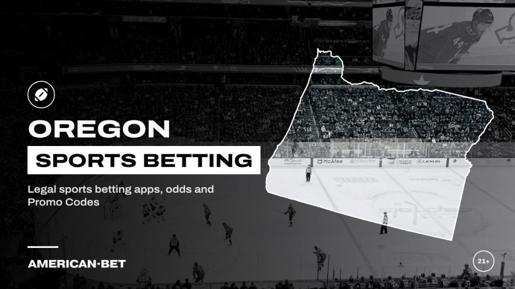 Oregon sports betting sites: a hockey game seen from high in the arena, framed by an outline map of Oregon