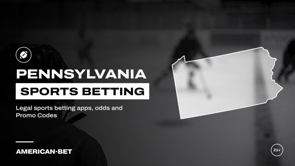 Pennsylvania sports betting sites: a hockey game seen from behind the glass, framed by an outline map of Pennsylvania