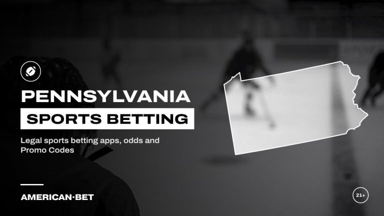 Pennsylvania sports betting sites: a hockey game seen from behind the glass, framed by an outline map of Pennsylvania