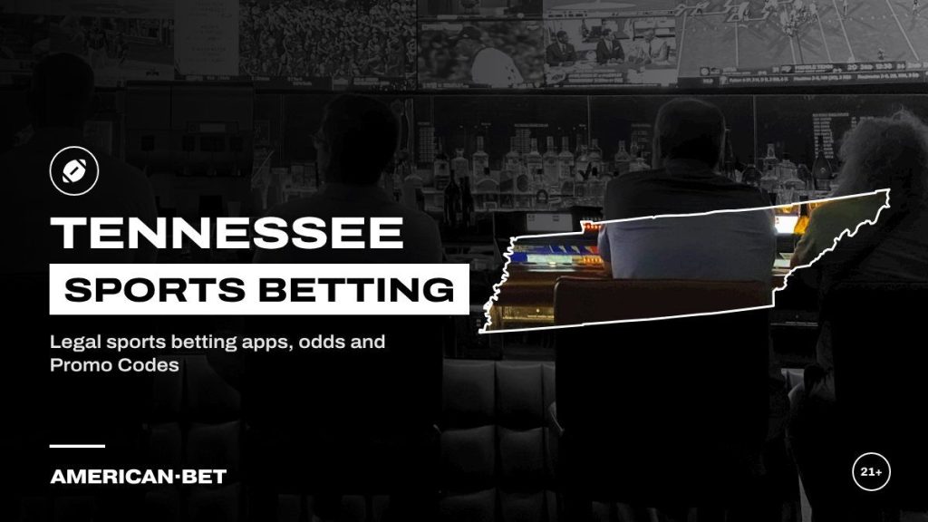 Tennessee sports betting sites: fans watching games on the screens at a sports bar, framed by an outline map of Tennessee