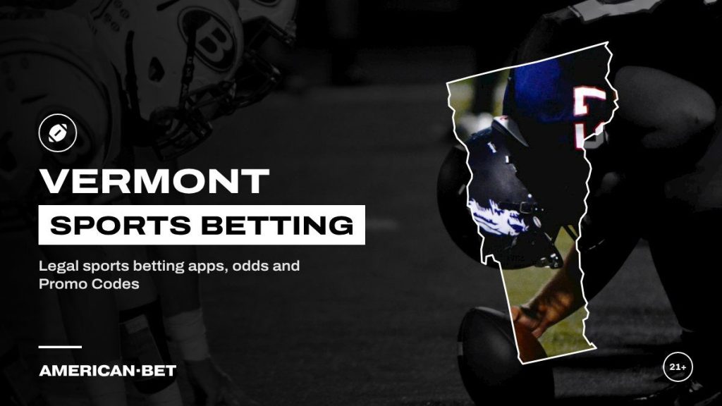 Vermont sports betting sites: football linemen down in their stance, framed by an outline map of Vermont