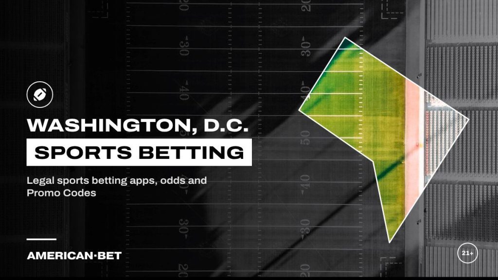 Washington, D.C. sports betting sites: a football field seen from straight above, framed by an outline map of Washington, D.C.