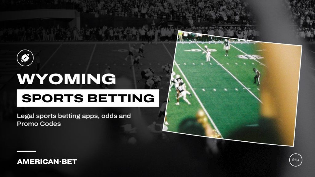 Wyoming sports betting sites: a football game played in front of a big crowd, framed by an outline map of Wyoming