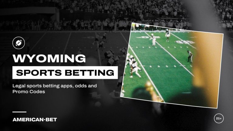 Wyoming sports betting sites: a football game played in front of a big crowd, framed by an outline map of Wyoming