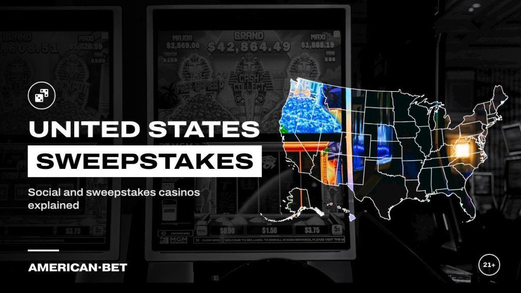 US sweepstakes casinos: glowing slot machine cabinets at night, with an outline map of the United States