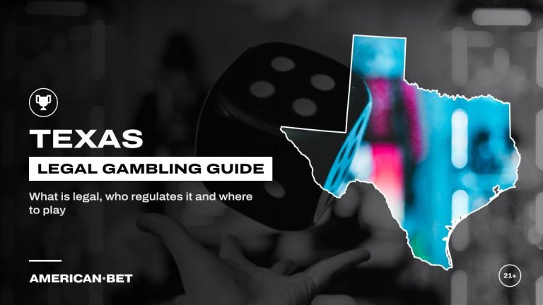 Texas gambling laws and legal betting guide: a hand catching a black die in neon light, framed by an outline map of Texas