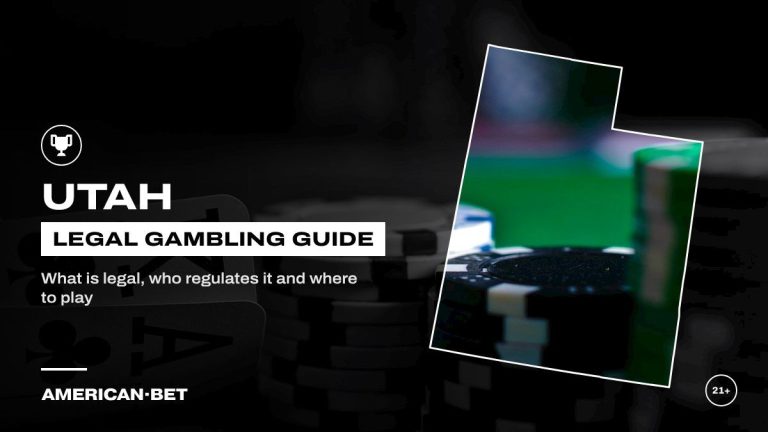 Utah gambling laws and legal betting guide: pocket aces beside stacks of poker chips, framed by an outline map of Utah