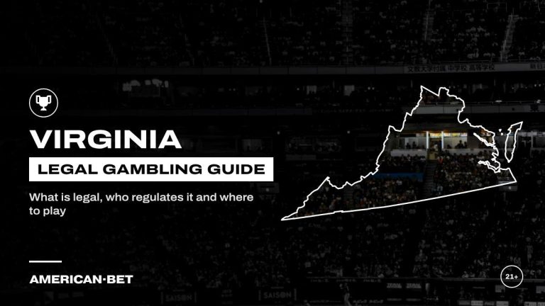 Virginia gambling laws and legal betting guide: a baseball game in a crowded stadium at night, framed by an outline map of Virginia