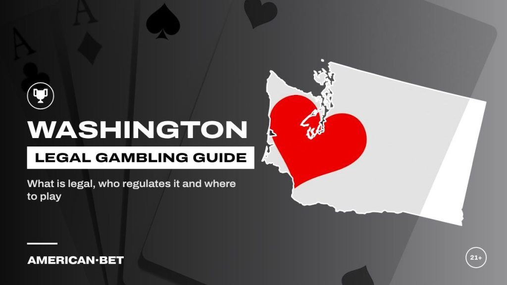 Washington gambling laws and legal betting guide: four aces fanned out, framed by an outline map of Washington