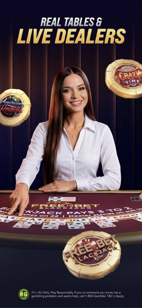 Betinia app panel for live dealer tables, featuring Free Bet Blackjack