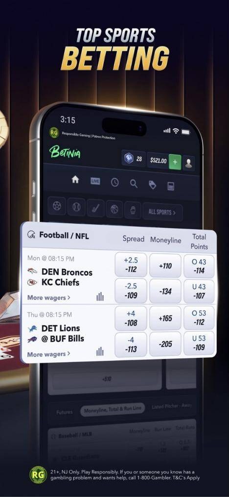 Betinia app showing NFL spreads, moneylines and totals