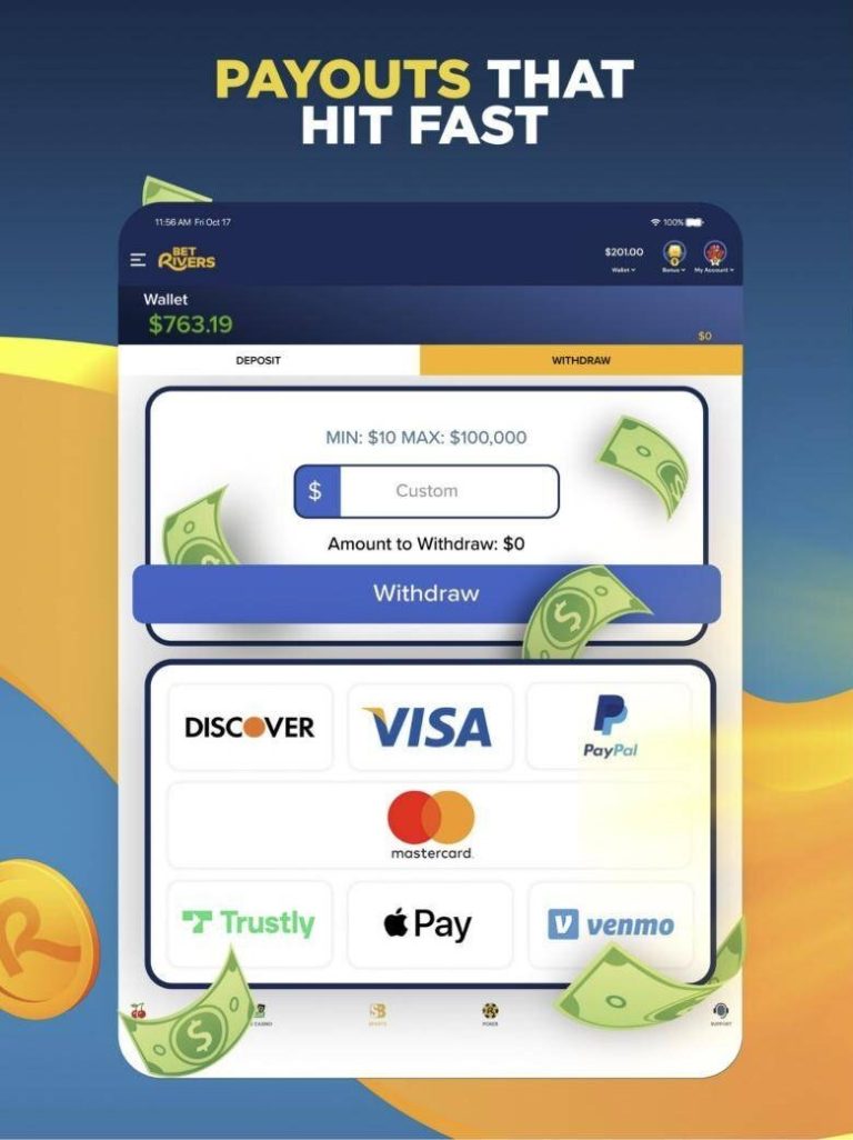 BetRivers app withdrawal screen with card, PayPal, Venmo and Trustly options