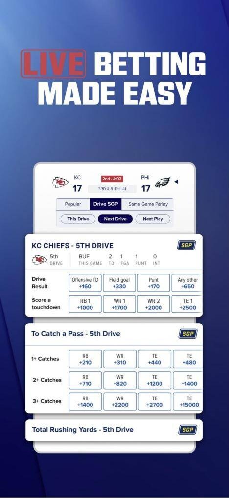 FanDuel Sportsbook app showing live Drive SGP markets during an NFL game