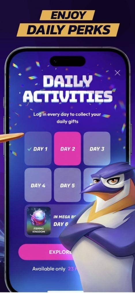Funrize app daily activities screen with login rewards by day