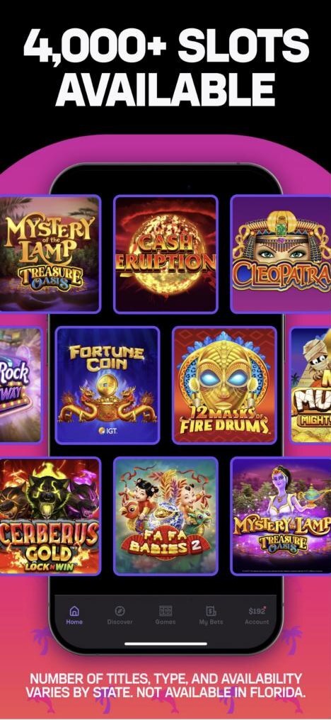 Hard Rock Bet Casino app lobby with a grid of slot games