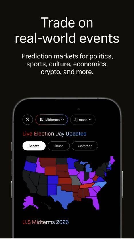 Robinhood app panel for prediction markets, showing an election-day market view